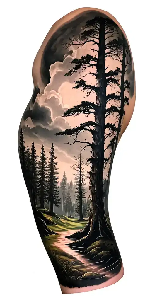 creepy forest scene with black sky golf course tattoo design idea