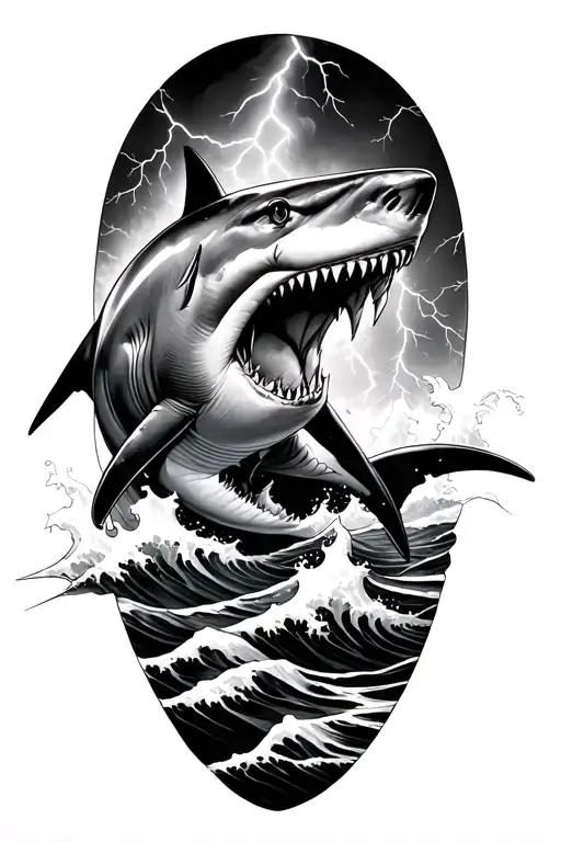shark, waves and lightning storm tattoo design idea