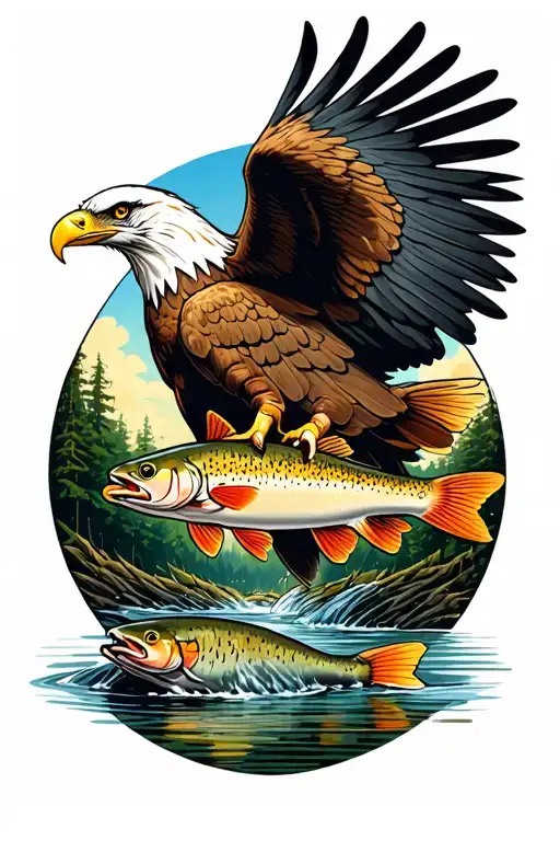 American traditional eagle grasping a brook trout in talons tattoo design idea