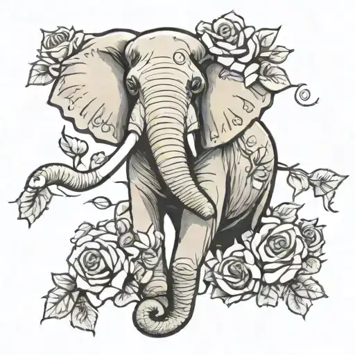 elephant and roses intertwined tattoo design idea