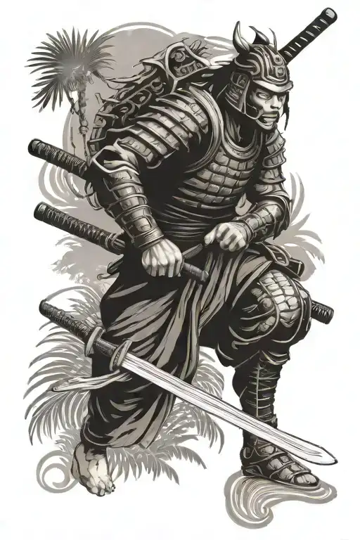 A Japanese style tattoo of a samurai warrior in armor wielding a samurai sword at a crouching tiger in the jungle tattoo design idea
