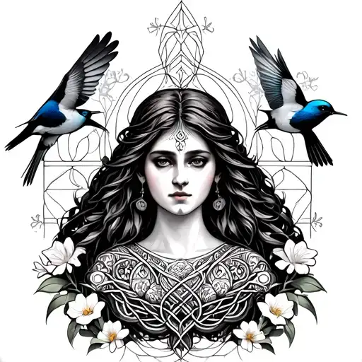 Celtic Goddess, Rhiannon. Flying songbirds at the bottom, and surrounded by gates and daffodils tattoo design idea