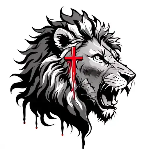 side profile of aslan the lion with cross inside his eyes and blood dropping from canines and roaring tattoo design idea