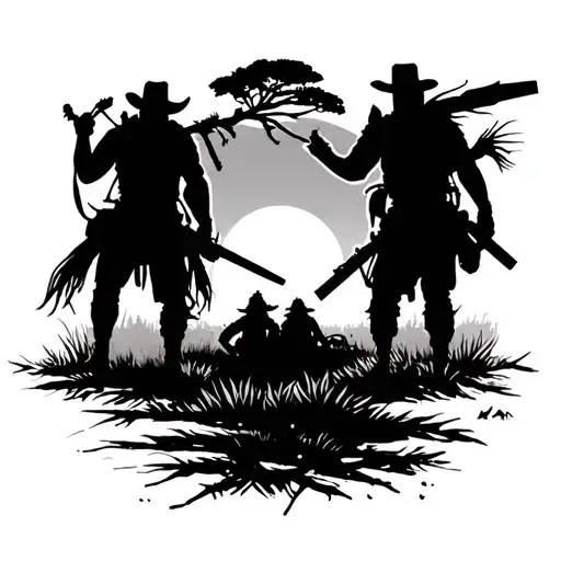 Lone cowboy, WWII soldier, Native warriors, martial artist silhouetted at dawn—epic black ink tribute to war, westerns tattoo design idea