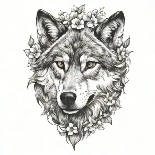 wolf face looking to side slightly, surrounded by blooming flowers and leaves  tattoo design idea