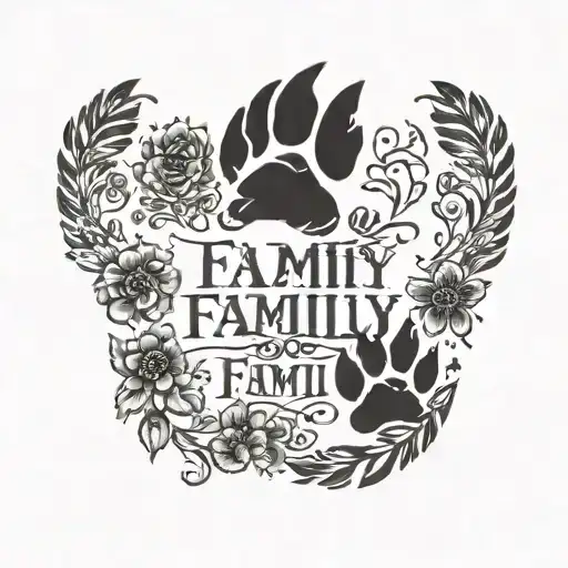A poetic quote about family written in elegant script, surrounded by wolf paw prints tattoo design idea
