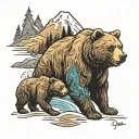 3 bears, mountains and river running tattoo design idea