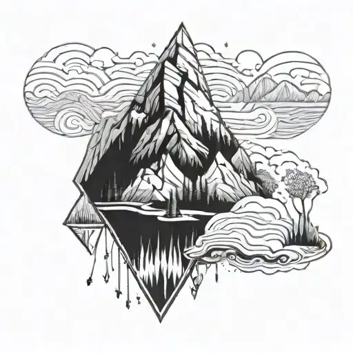 A stylized mountain landscape with an arrowhead hidden within the design tattoo design idea