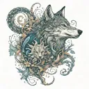 An intricate design of a wolf surrounded by various ocean creatures, showcasing the interconnectedness of different ecosystems tattoo design idea