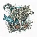 An intricate design of a wolf surrounded by various ocean creatures, showcasing the interconnectedness of different ecosystems tattoo design idea