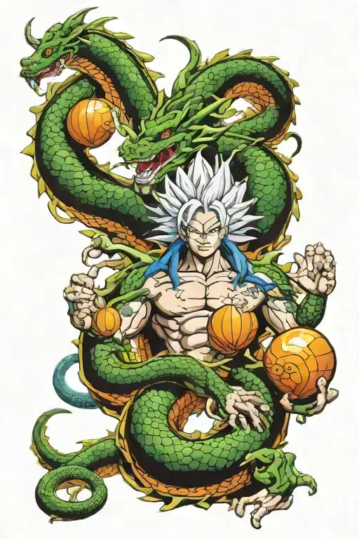 Shenron with dragon balls and ultra instinct Goku tattoo design idea