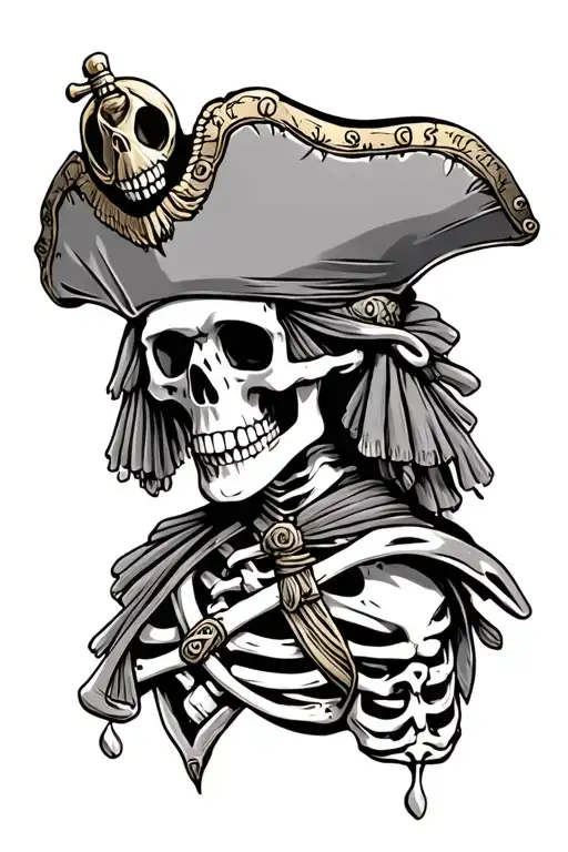 neotraditional black and grey pirate skeleton with clipper shit on bottom  tattoo design idea