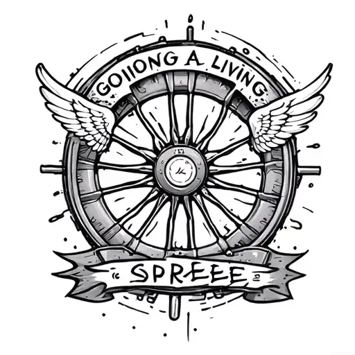 wheel with wings coming from center of wheel with the phrase going on a living spree incorporated  tattoo design idea