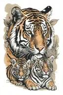 Very realistic male tiger next to female tiger with 3 small tiger cubs below tattoo design idea