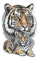 Very realistic male tiger next to female tiger with 3 small tiger cubs below tattoo design idea