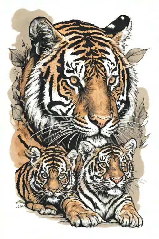 Very realistic male tiger next to female tiger with 3 small tiger cubs below tattoo design idea