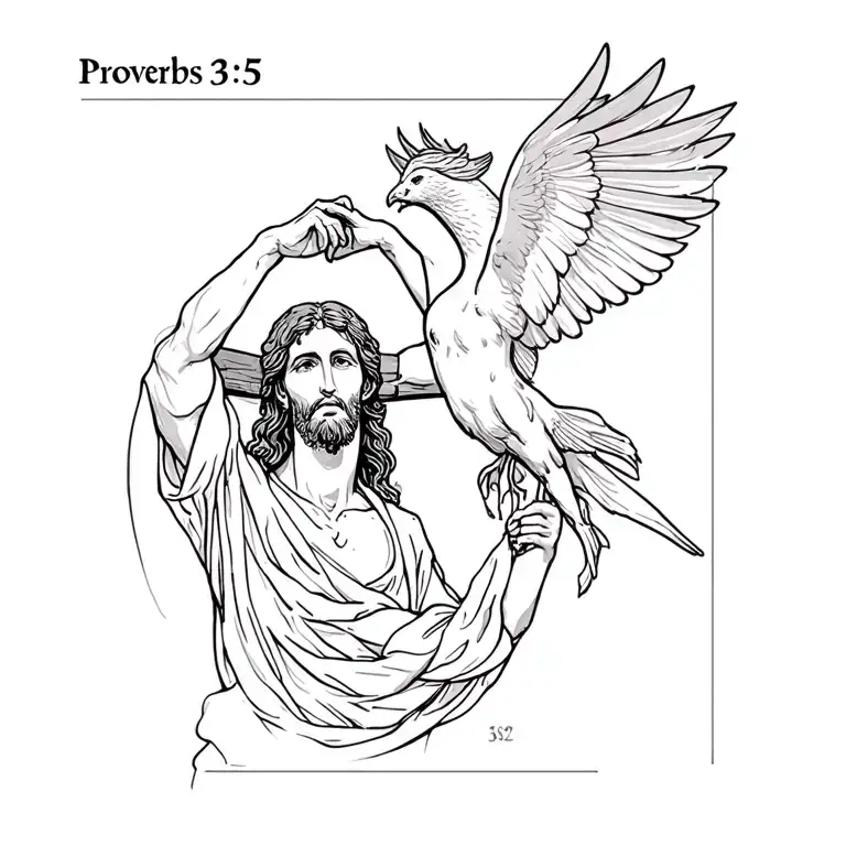 proverbs 3:5 with dove on right and jesus being crucified on the left tattoo design idea