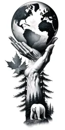 marble atlas statue holding the world up shoulde, foggy pine forest at the wrist, polar bear and a maple leaf in between tattoo design idea