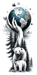 marble atlas statue holding the world up shoulde, foggy pine forest at the wrist, polar bear and a maple leaf in between tattoo design idea