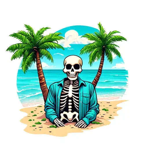skeleton in a shirt on holiday on beach scene with palm trees tattoo design idea