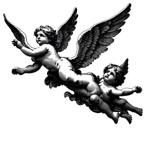 Pair of cherub angels flying tattoo design idea