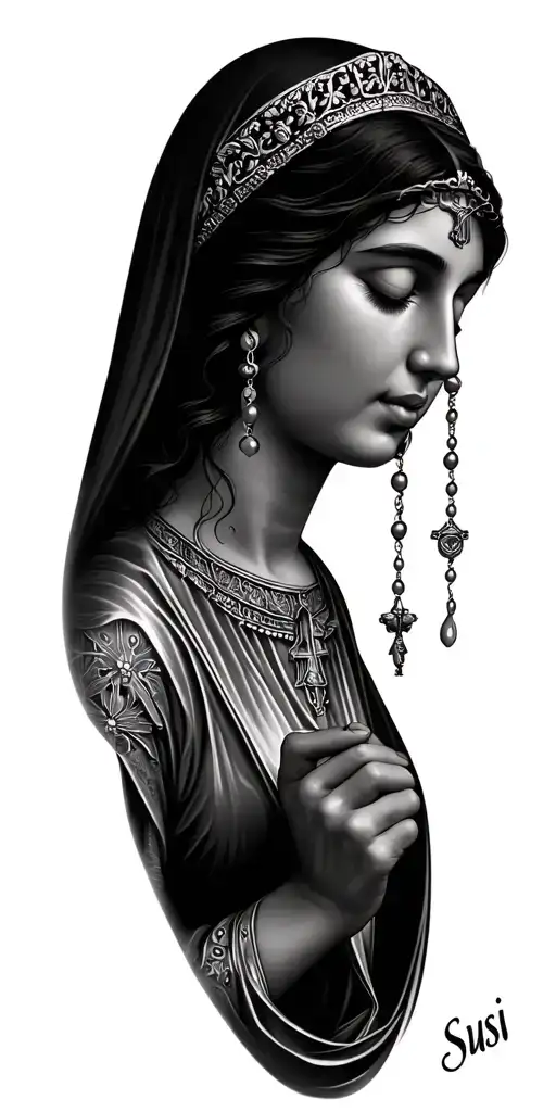 a tattoo of the mother queen with her eyes closed holding a rosary and the name susi written below tattoo design idea