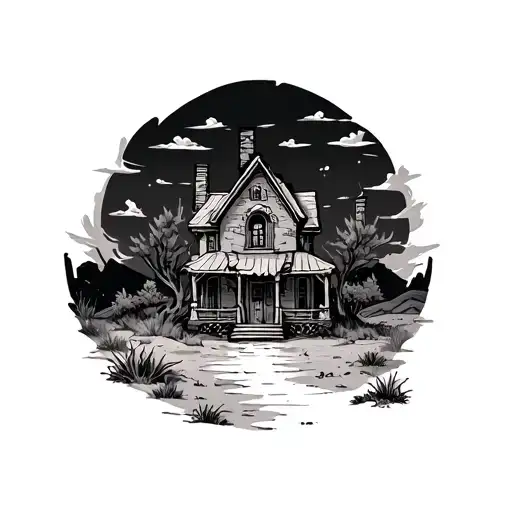 desert landscape spooky haunted house tattoo design idea