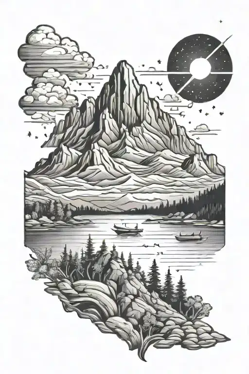 nature scene with animals moutains and water. shooting star in the night sky. tattoo design idea