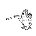 frog (simple, black and white) with a flower crown, playing flute tattoo design idea