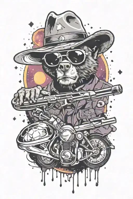 Space nebula with Hunter S. Thompson, Brentford FC logo and mastodon band inspired bear tattoo design idea