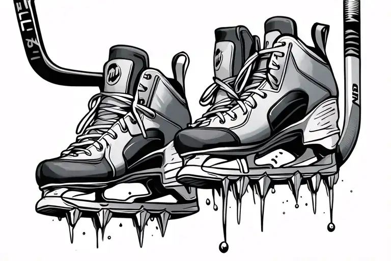 A pair of cross country spikes, running shoes, and ice skates tide and hanging from a hockey stick tattoo design idea