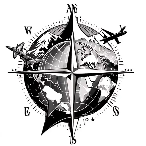 tattoo design white and black featuring compass, mountain, earth globe, world map, and airplane elements symbolizes a pa tattoo design idea