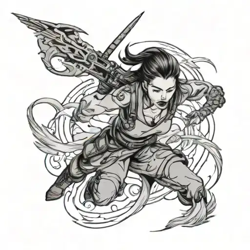 A fierce warrior woman with Chinese calligraphy tattoos, representing your role as the first female combat aircrew tattoo design idea