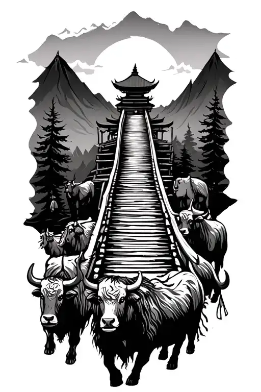 Nepali yaks walkin over hanging bridge tattoo design idea