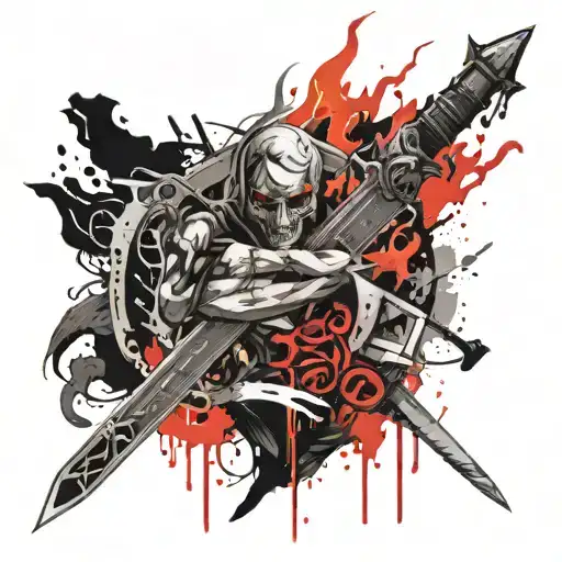 Number 7 deadly sins implaed with flaming sword b b tattoo design idea