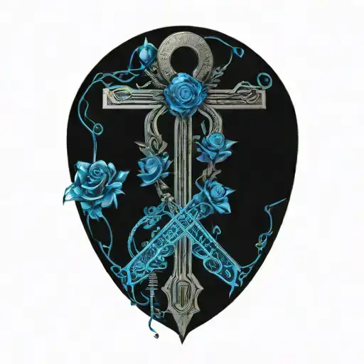 ankh with feathers and blue highlights and roses tattoo design idea