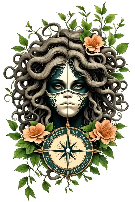 medusa wearing a second face(mask), vines and flowers, compass with the words "respect the past, create the future" tattoo design idea