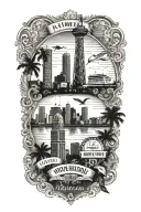 Vintage postcard design featuring iconic Florida landmarks like the Miami skyline and Everglades tattoo design idea