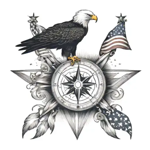 A dotwork design of a patriotic compass rose with the American flag as the backdrop and a bald eagle perched on top tattoo design idea