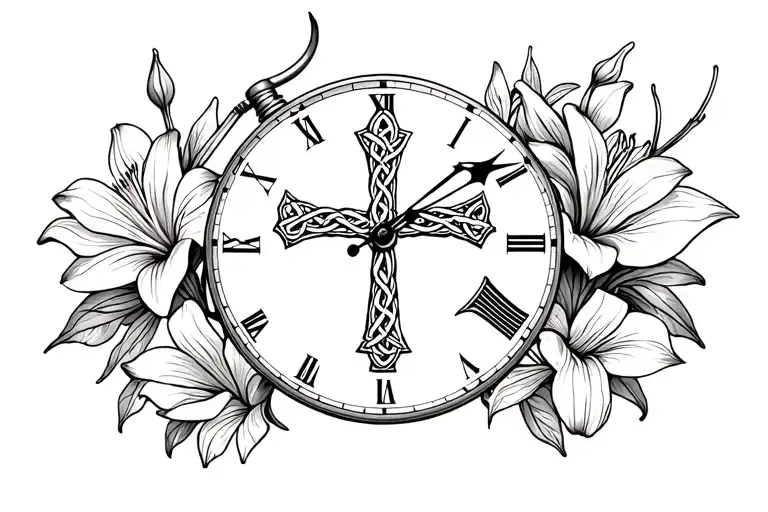 capricorn symbol, pocket watch, lily flowers, books, celtic cross, tattoo design idea