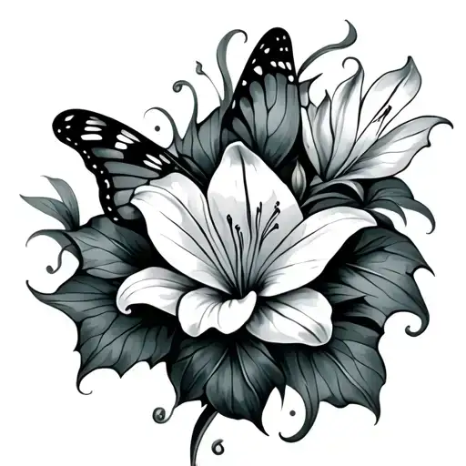 Lily flower and butterfly tattoo design idea