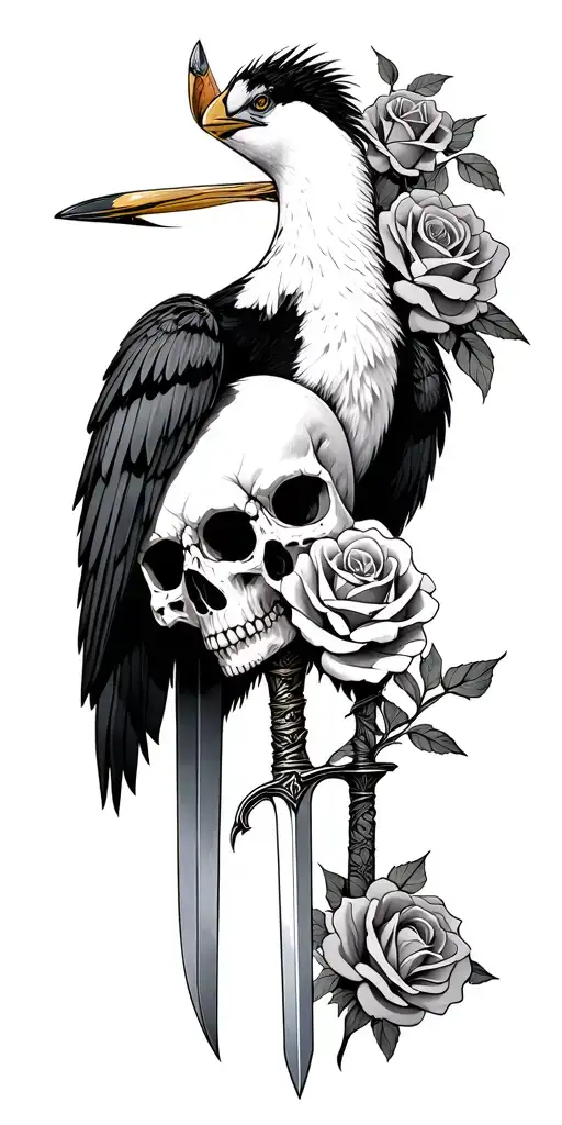 Stork Roses Gambling Skulls Swords surrounded tattoo design idea