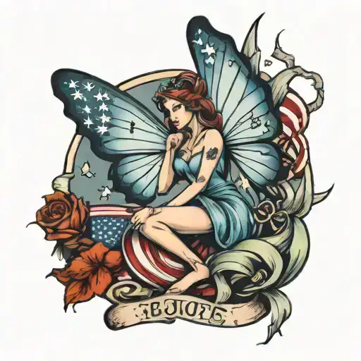 fairy with wings holding a US flag waving tattoo design idea