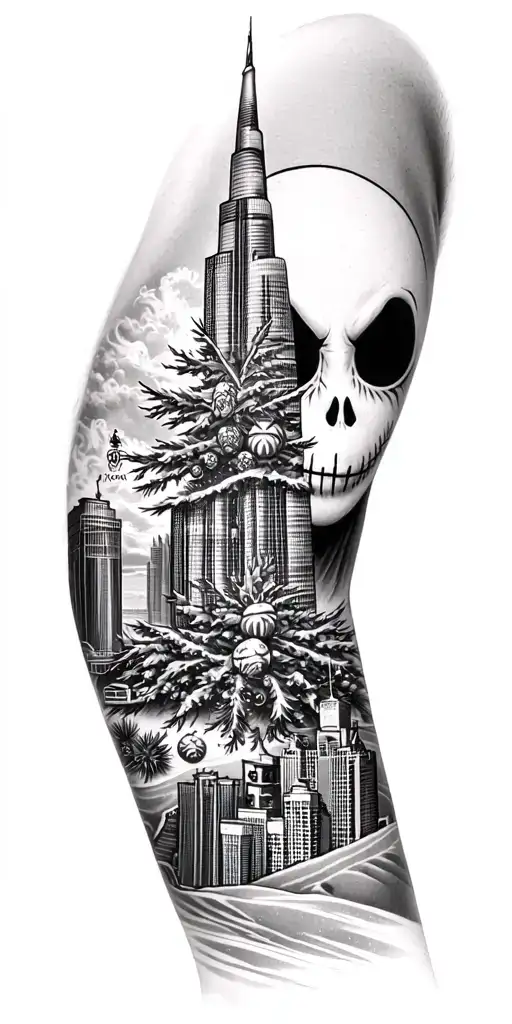 full sleeve featuring the rockerfeller xmas tree , a bottle of chang , sand dunes , the burj khalifa , jack skellington  tattoo design idea