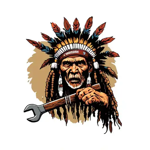 "Indigenous Plumbing " "Indigenous Plumbing " "Indigenous Plumbing " "Indigenous Plumbing " "Indigenous Plumbing " "Indigenous Plumbing " dread lock Native American holding a wrench tattoo design idea