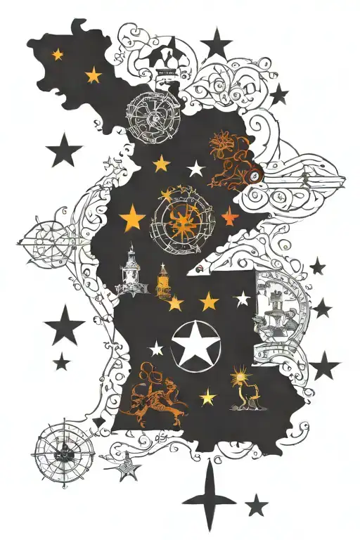 Tattoo with all states I have lived in, with symbols from each state. States are Alabama, Arizona, North Dakota, Germany tattoo design idea