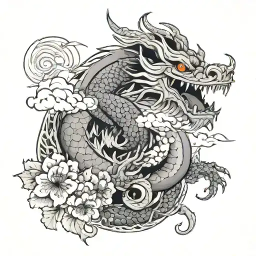Japanese dragon tattoo with flowers and clouds, emphasize the head with detail tattoo design idea