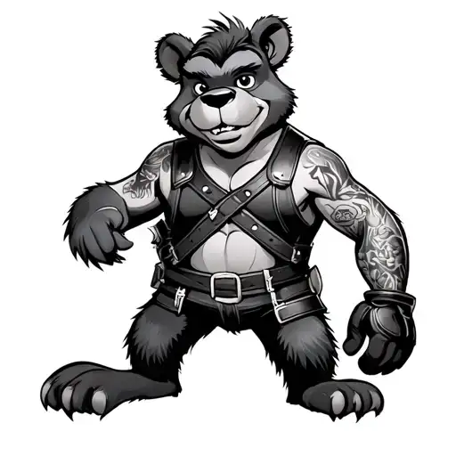 BooBoo cub from the cartoon Yogi Bear, wearing gay leather gear including a leather harness, leather vest, leather glove tattoo design idea