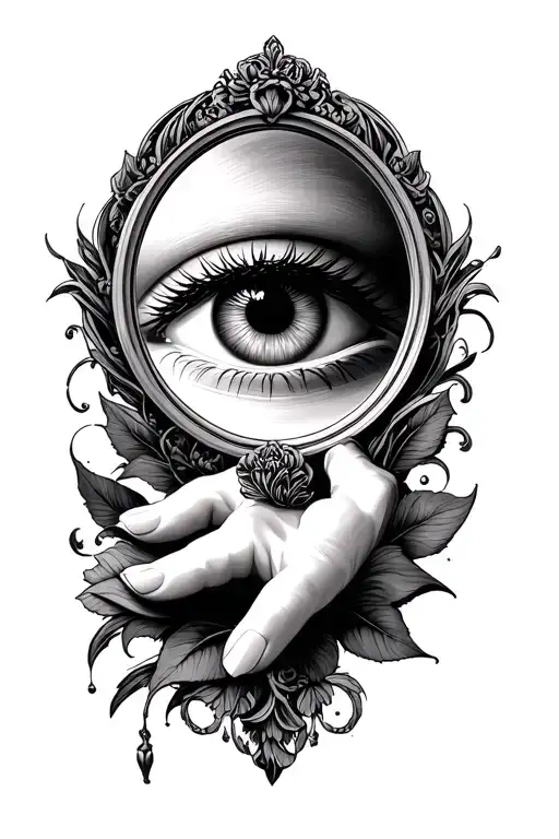 Eye of the hand, oval mirror tattoo design idea