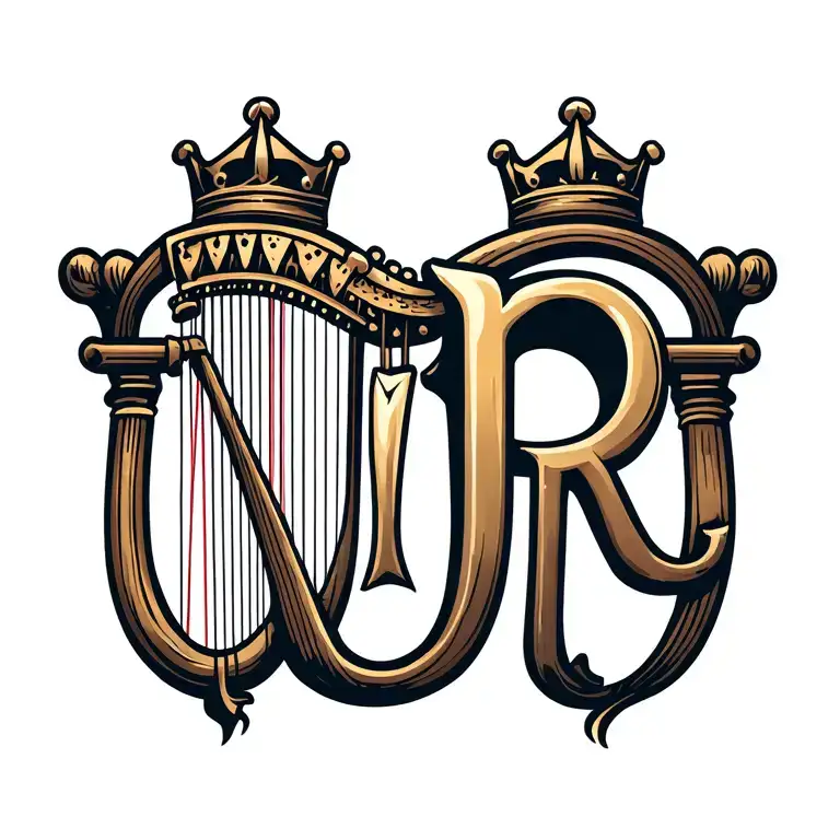 harp with crown hanging with h and r tattoo design idea